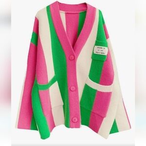 JASCLS pink and green striped oversized cardigan sweater pockets